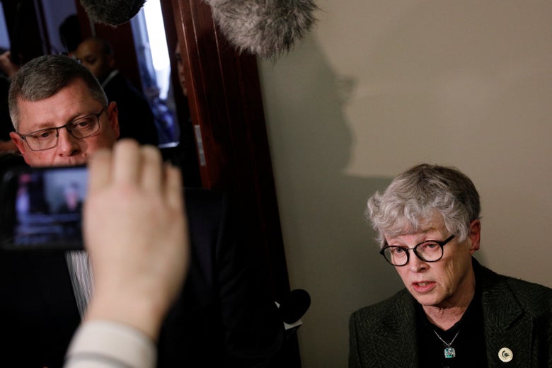 Michigan State president Lou Anna Simon outside Larry Nassar's sentencing hearing on Wednesday in Lansing, Michigan.